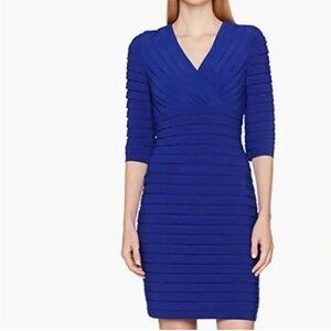 Adrianna Papell Bondage Blue Pleated Mini V-Neck 3/4 Sleeve Dress Women’s Size 8